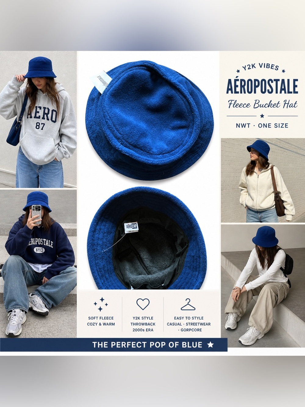 Aeropostale Fleece Bucket Hat Blue One Size NWT 2000s Vintage Y2K - Picture 2 of 13